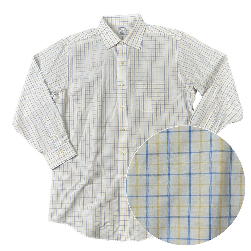 Brooks Brothers Dress Shirt Mens 16 32/33 Regent White Blue Yellow Check Pocket
